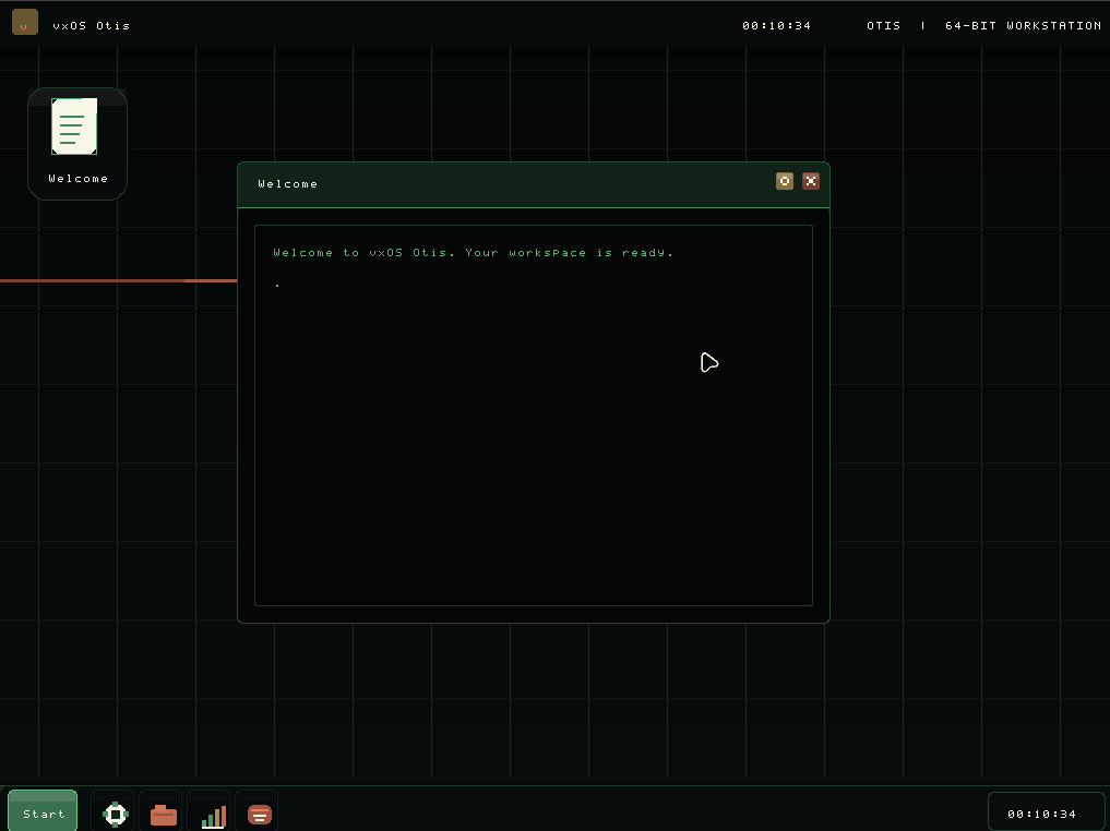 Screenshot of the vxOS desktop with its launcher, an open window, and bottom taskbar